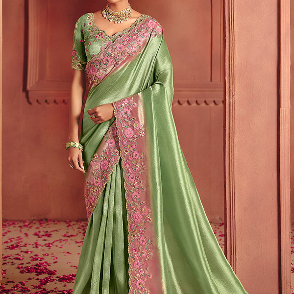Monjolika Fashion Sea Green Silk Blend Embroidered Saree - Distacart