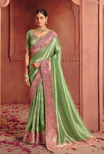 Thumbnail for Monjolika Fashion Sea Green Silk Blend Embroidered Saree - Distacart