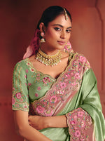 Thumbnail for Monjolika Fashion Sea Green Silk Blend Embroidered Saree - Distacart
