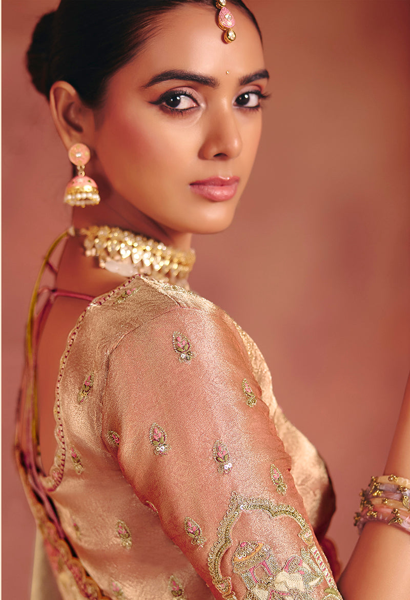 Monjolika Fashion Beige Silk Blend Embroidered Saree - Distacart