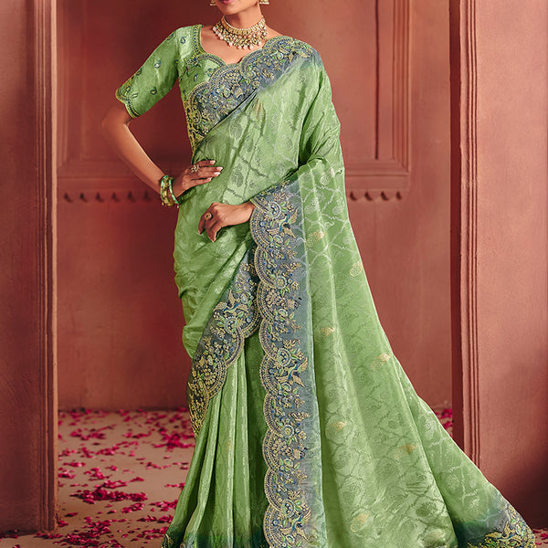 Monjolika Fashion Jacquard Sea Green Embroidered Wedding Saree - Distacart