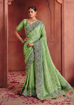Thumbnail for Monjolika Fashion Jacquard Sea Green Embroidered Wedding Saree - Distacart