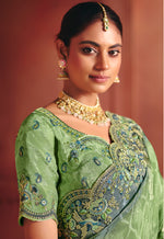 Thumbnail for Monjolika Fashion Jacquard Sea Green Embroidered Wedding Saree - Distacart