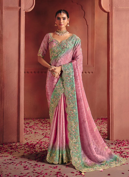 Monjolika Fashion Pink Silk Blend Embroidered Saree - Distacart