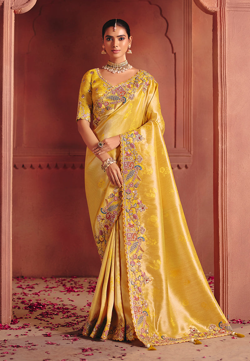 Monjolika Fashion Yellow Silk Blend Embroidered Saree - Distacart