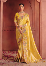 Thumbnail for Monjolika Fashion Yellow Silk Blend Embroidered Saree - Distacart