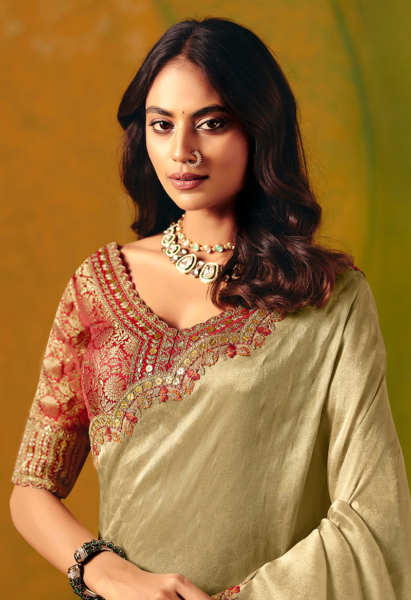 Monjolika Fashion Beige Embroidered Silk Blend Saree - Distacart