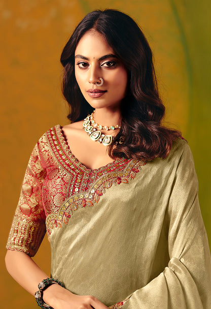 Monjolika Fashion Beige Embroidered Silk Blend Saree - Distacart