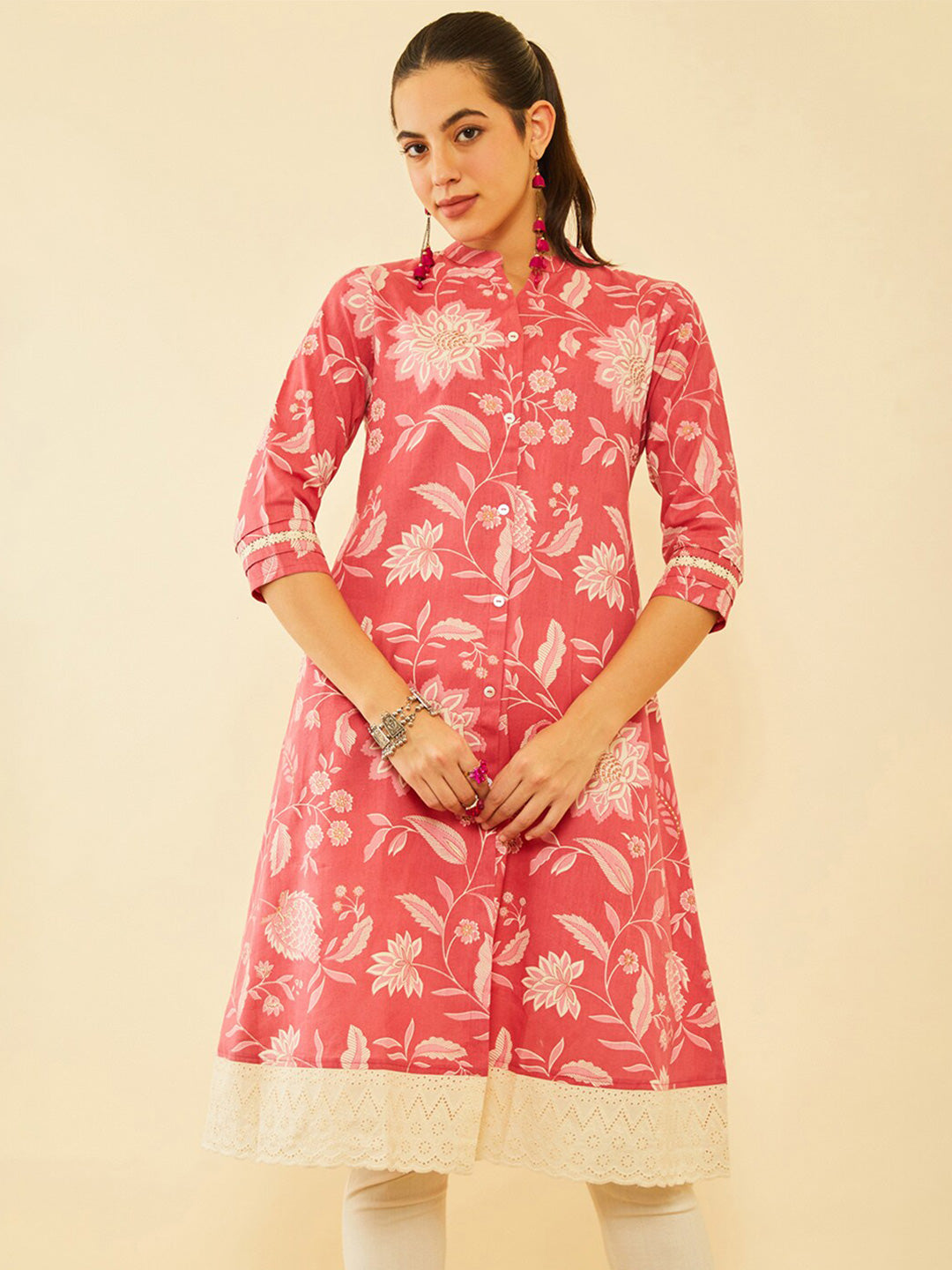 Soch Floral Printed Thread Work Mandarin Collar Cotton Straight Kurta - Distacart