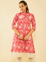 Thumbnail for Soch Floral Printed Thread Work Mandarin Collar Cotton Straight Kurta - Distacart