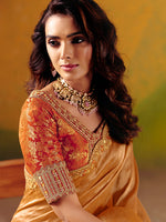 Thumbnail for Monjolika Fashion Peach Embroidered Silk Blend Saree - Distacart