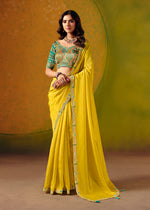 Thumbnail for Monjolika Fashion Yellow Embroidered Silk Blend Saree - Distacart