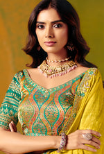 Thumbnail for Monjolika Fashion Yellow Embroidered Silk Blend Saree - Distacart