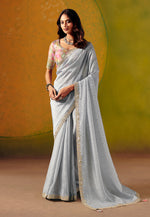 Thumbnail for Monjolika Fashion Light Grey Embroidered Silk Blend Saree - Distacart