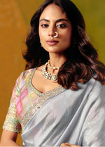 Thumbnail for Monjolika Fashion Light Grey Embroidered Silk Blend Saree - Distacart