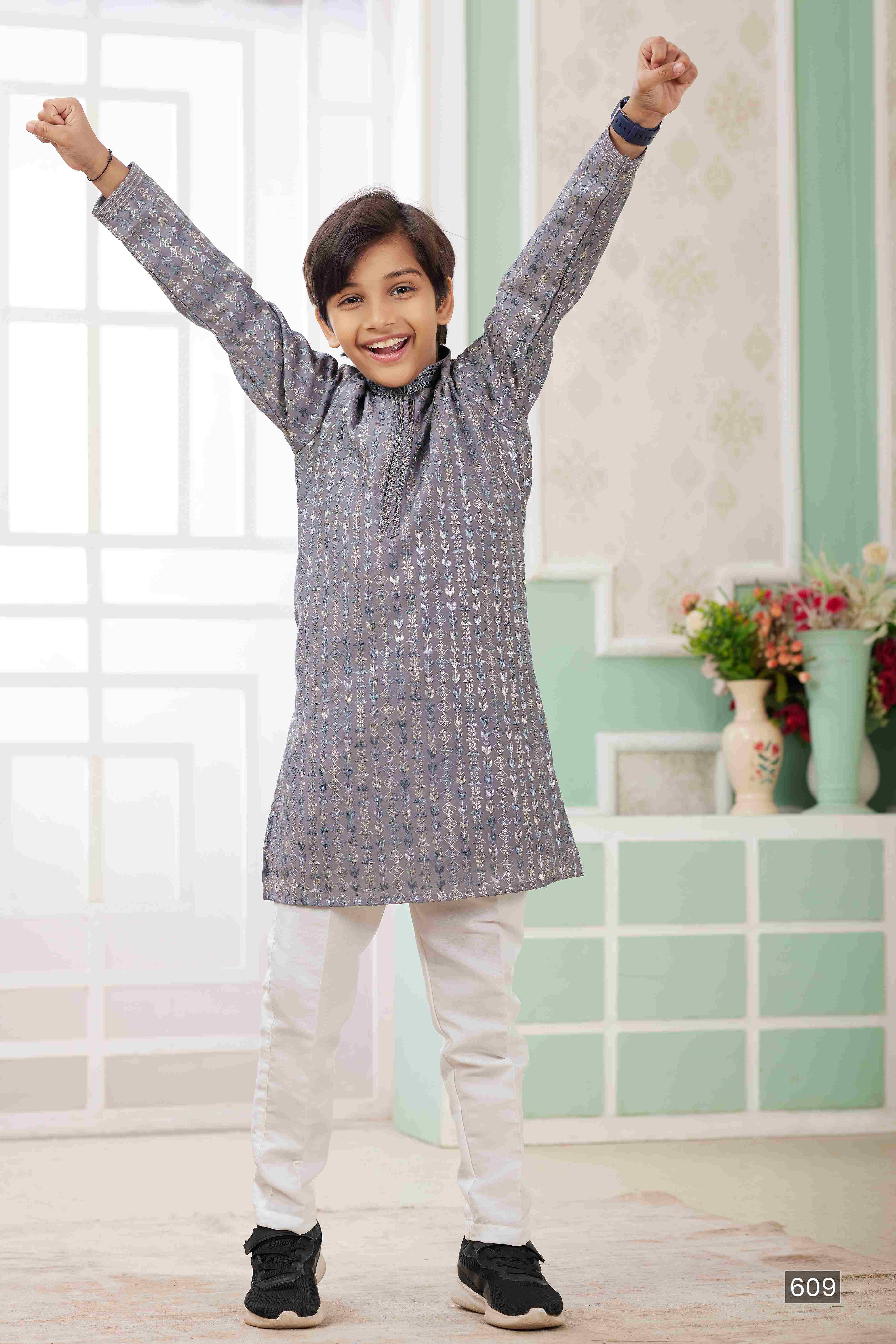 Raivat Ethnic Art Silk Embroidery Work Kids Kurta Pajama In Grey Colour - Distacart
