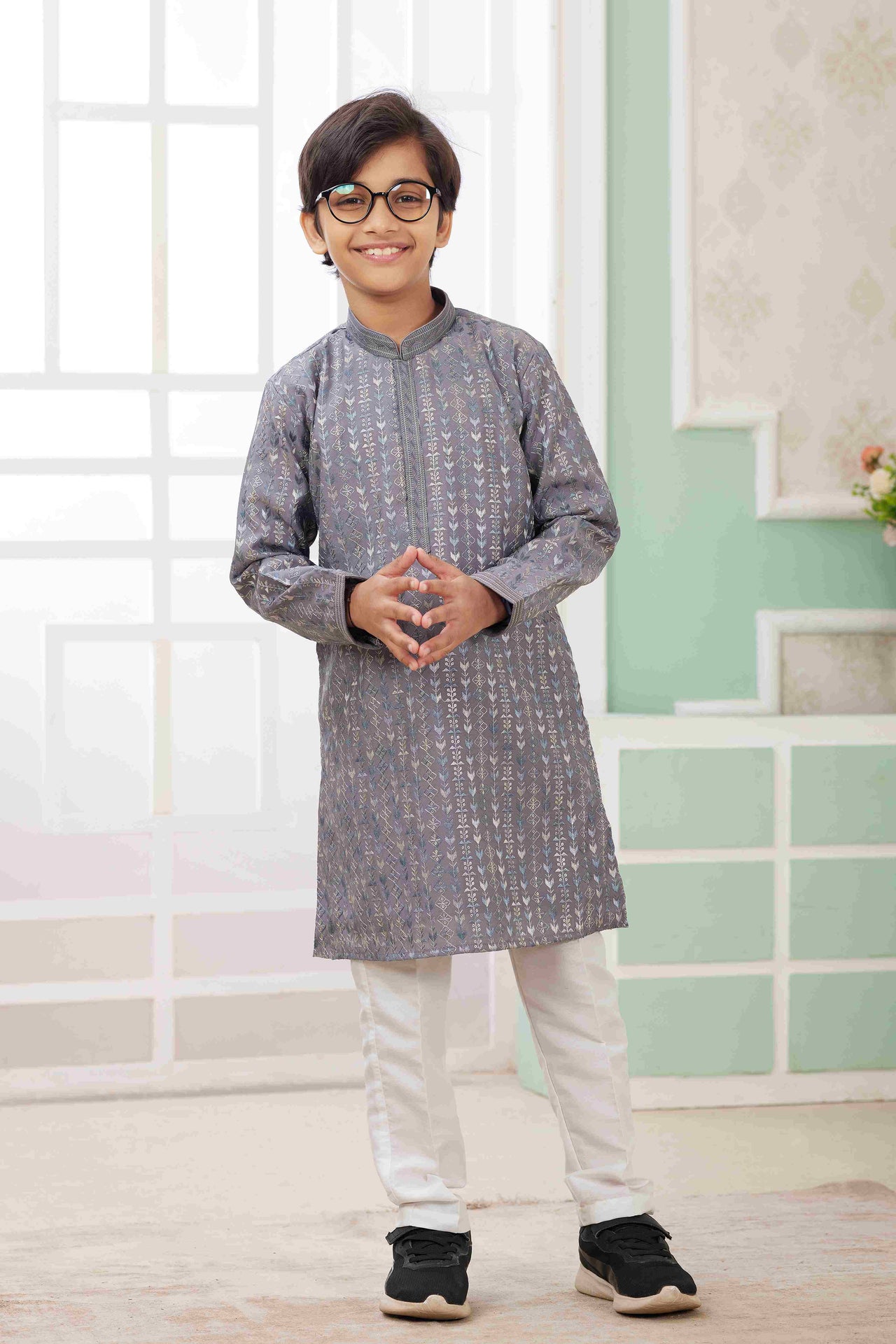 Raivat Ethnic Art Silk Embroidery Work Kids Kurta Pajama In Grey Colour - Distacart