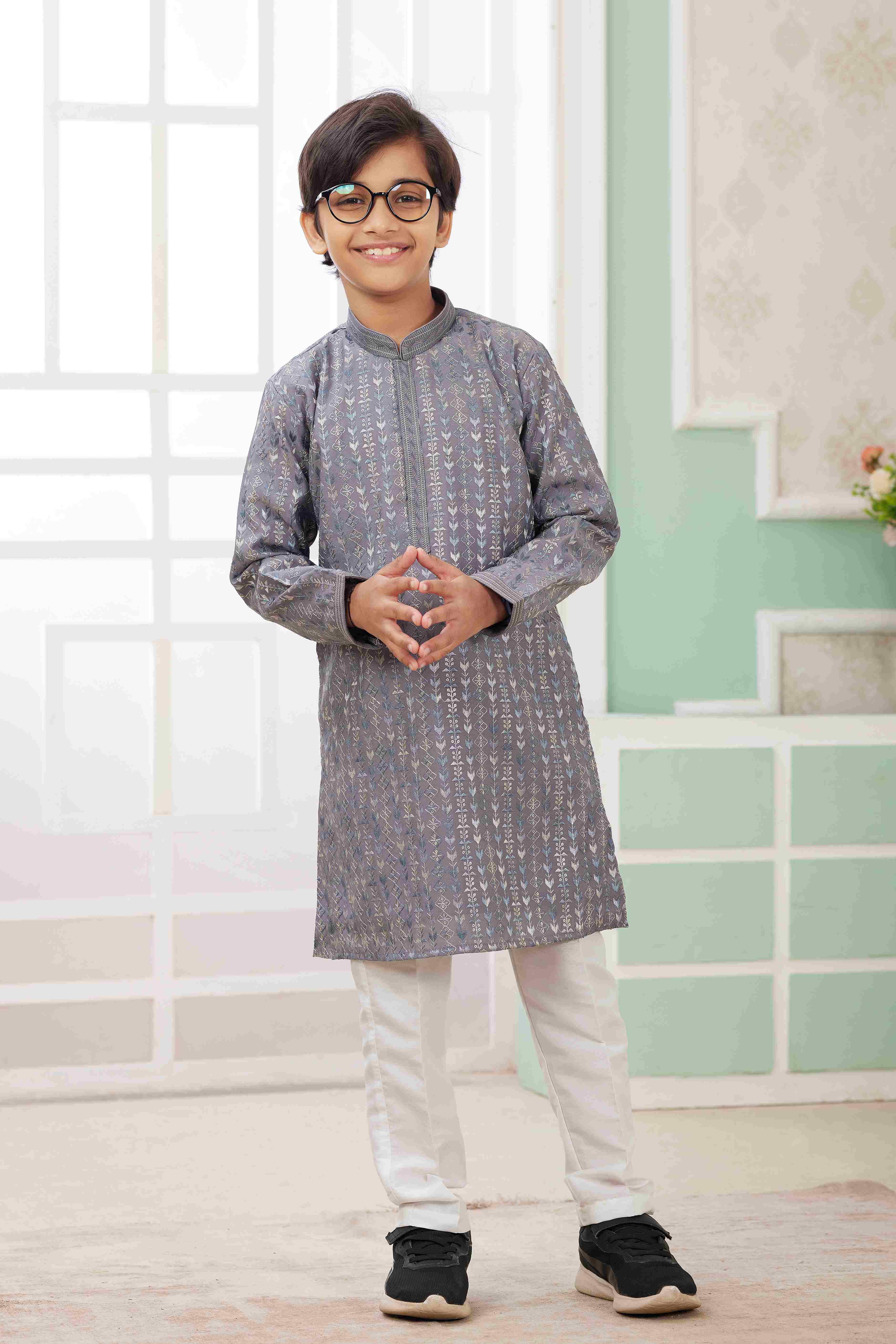 Raivat Ethnic Art Silk Embroidery Work Kids Kurta Pajama In Grey Colour - Distacart