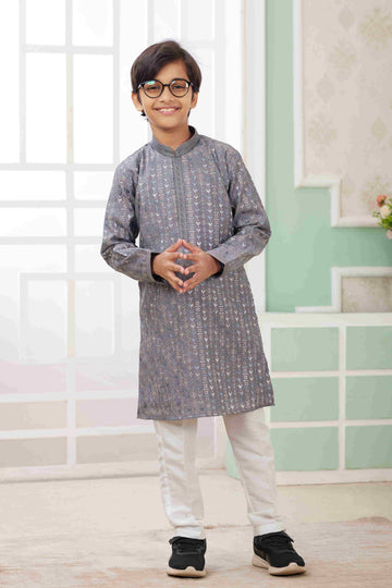 Raivat Ethnic Art Silk Embroidery Work Kids Kurta Pajama In Grey Colour - Distacart