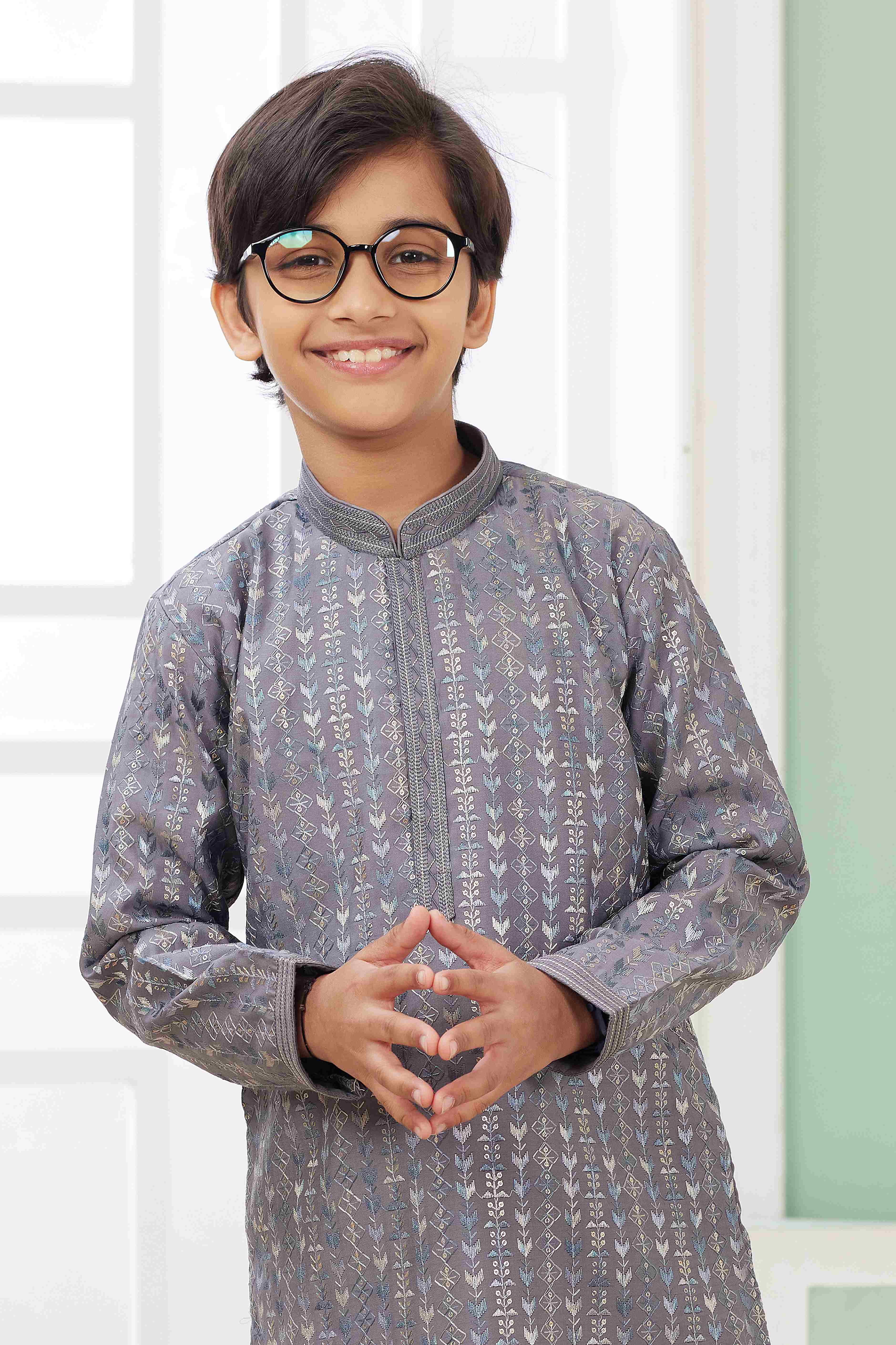 Raivat Ethnic Art Silk Embroidery Work Kids Kurta Pajama In Grey Colour - Distacart