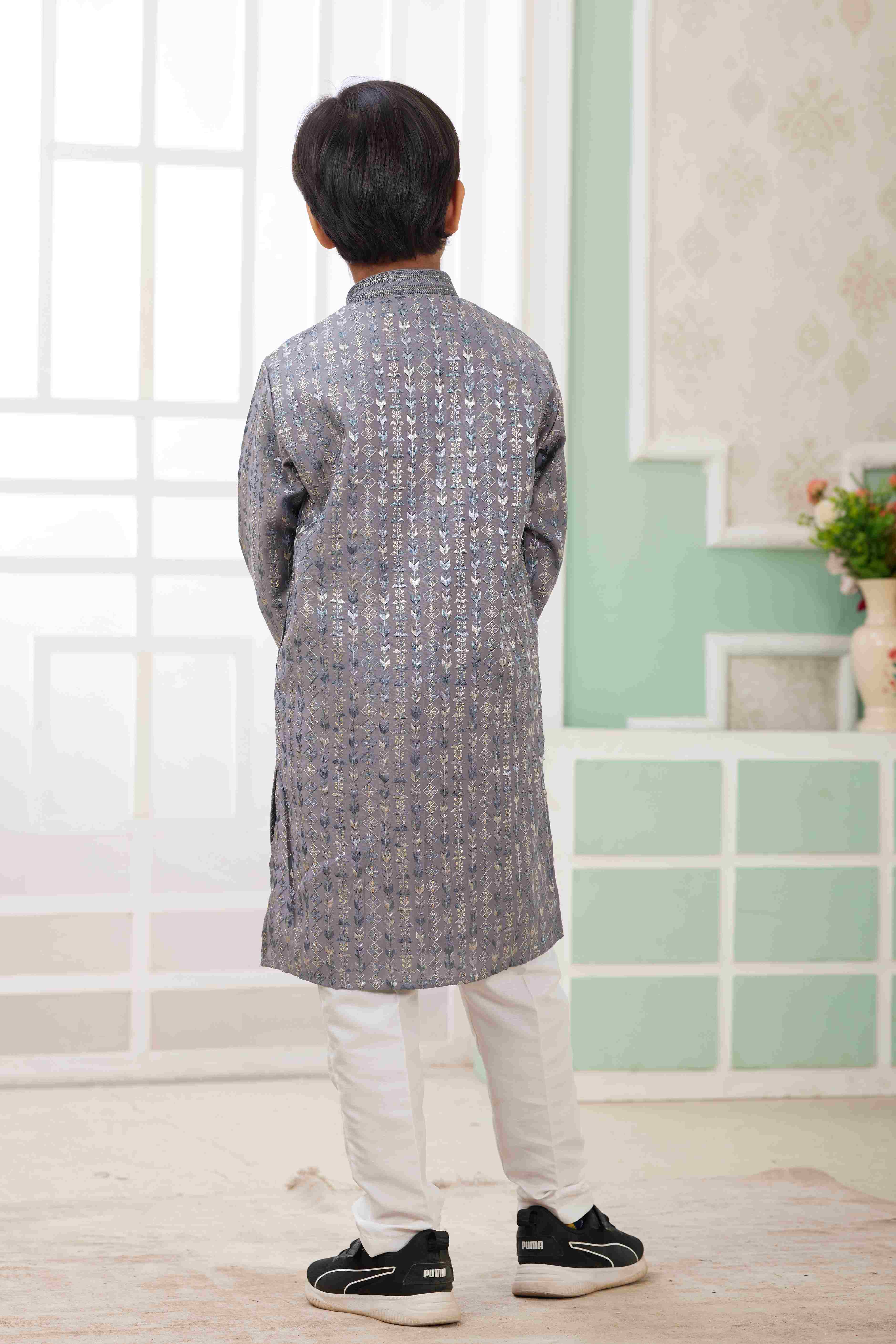 Raivat Ethnic Art Silk Embroidery Work Kids Kurta Pajama In Grey Colour - Distacart