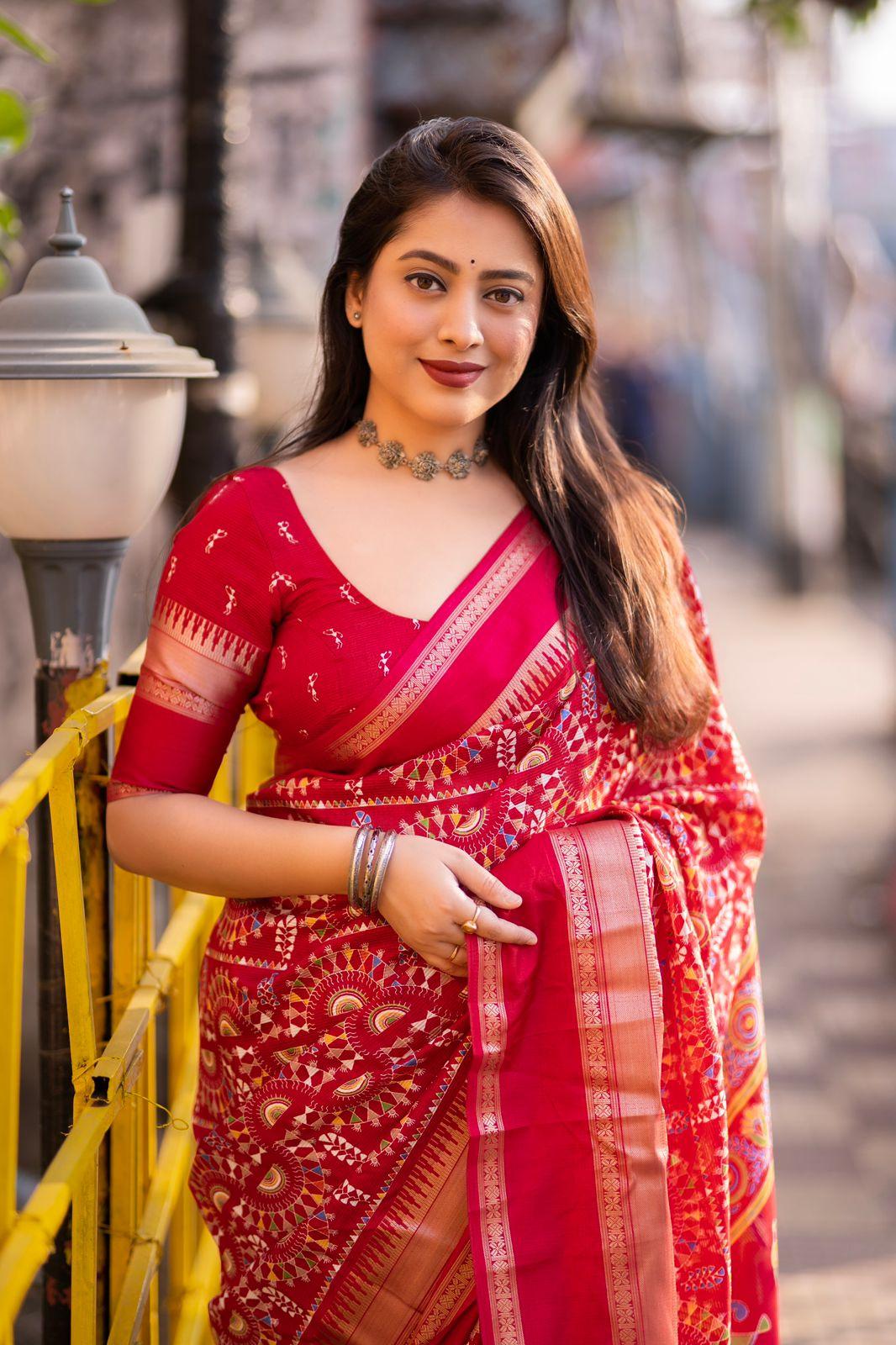 Red Cotton Blend Ethnic Motifs Saree with Unstitched Blouse - A2M - Distacart