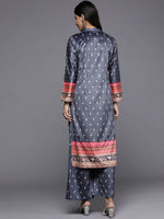 Thumbnail for Ahalyaa Women Navy Blue Ethnic Motifs Printed Gotta Patti Velvet Kurta with Palazzos - Distacart