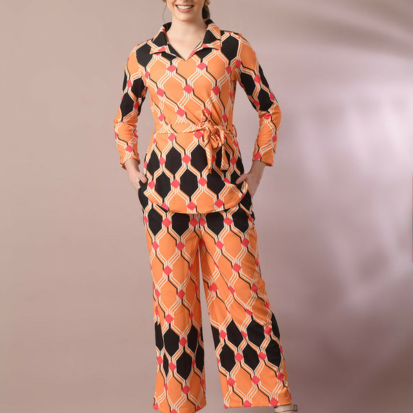 Myshka Women's Multi Printed Polo Collar Party Top With Trousers Co-ord set - Distacart