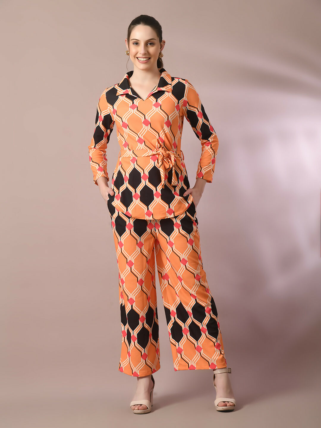 Myshka Women's Multi Printed Polo Collar Party Top With Trousers Co-ord set - Distacart