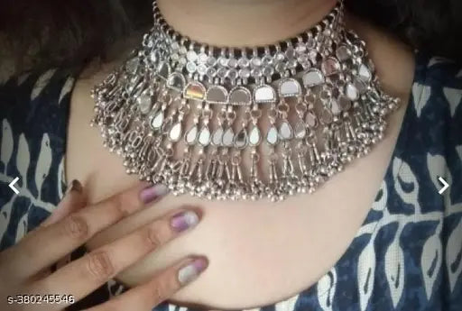 Tehzeeb Creations Women's Silver Colour Oxidised Necklace Set With Mirror Work - Distacart