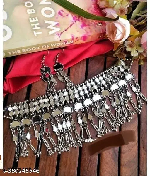 Tehzeeb Creations Women's Silver Colour Oxidised Necklace Set With Mirror Work - Distacart