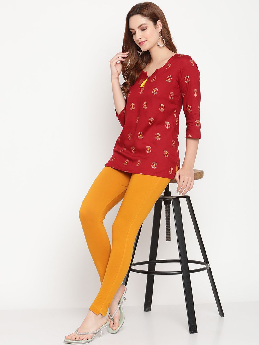 TAG 7 Women Pack of 2 Mustard Yellow & White Solid Leggings - Distacart