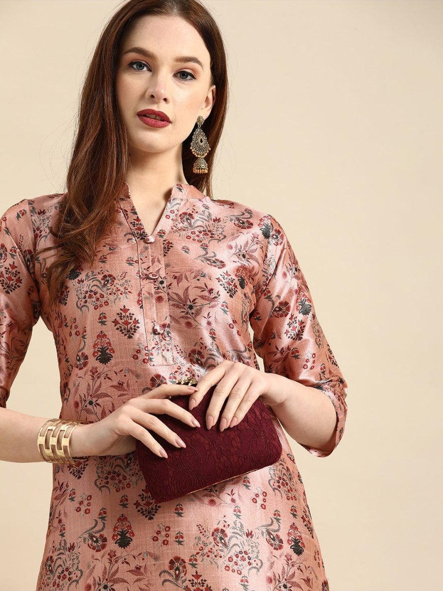 All About You Women Dusty Pink Floral Block Print Chanderi Silk Blend Straight Kurta - Distacart