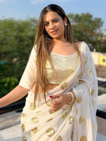 Thumbnail for Anouk White & Gold-Toned Embellished Sequinned Pure Georgette Saree - Distacart