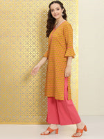 Thumbnail for Ode by House of Pataudi Women Mustard Yellow Floral Printed Pure Cotton Kurta with Palazzos - Distacart
