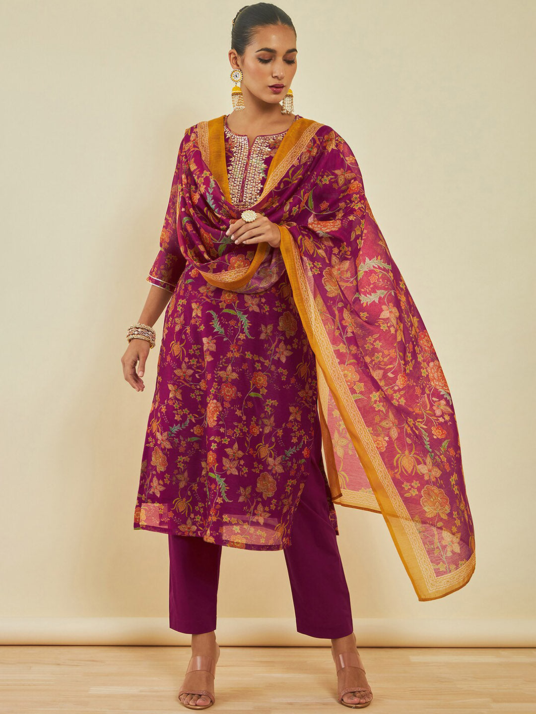 Soch Floral Printed Sequinned Kurta & Trousers With Dupatta - Distacart