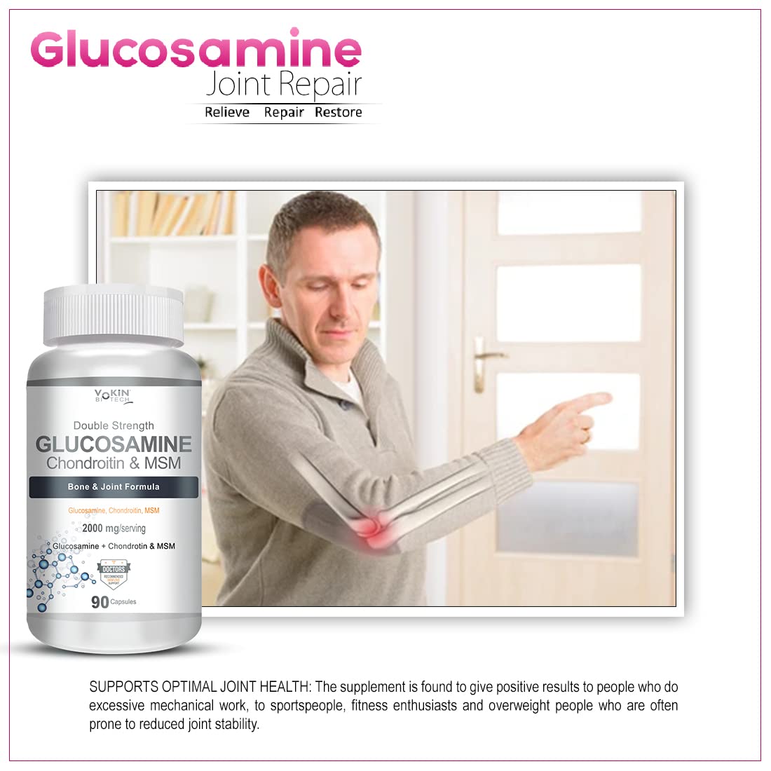 Vokin Biotech Glucosamine 1000mg, MSM 500mg & Chondroitin 500mg Support Joint Pain & Joint Strength 90 Capsules (Glucosamine)