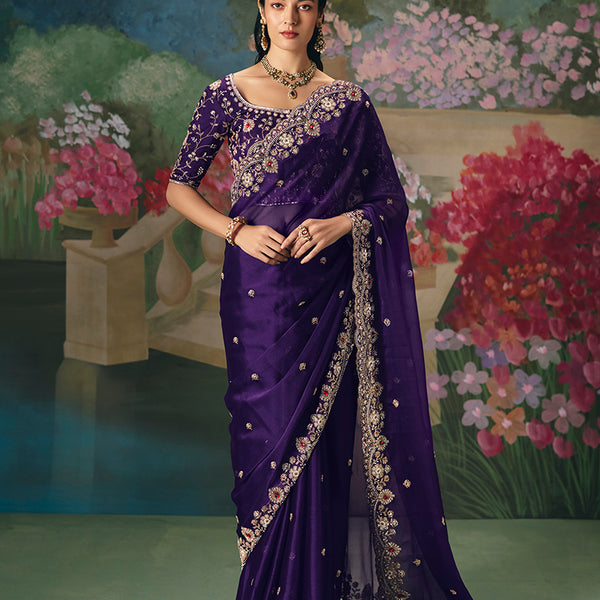Monjolika Fashion Fancy Fabric Embroidered Saree in Purple - Distacart