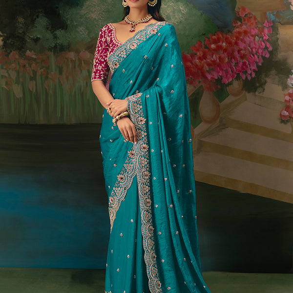 Monjolika Fashion Fancy Fabric Embroidered Saree in Aqua Blue - Distacart