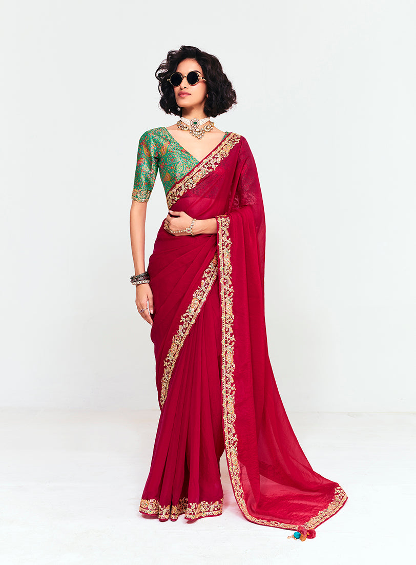 Monjolika Fashion Fancy Fabric Embroidered Crimson Red Saree - Distacart