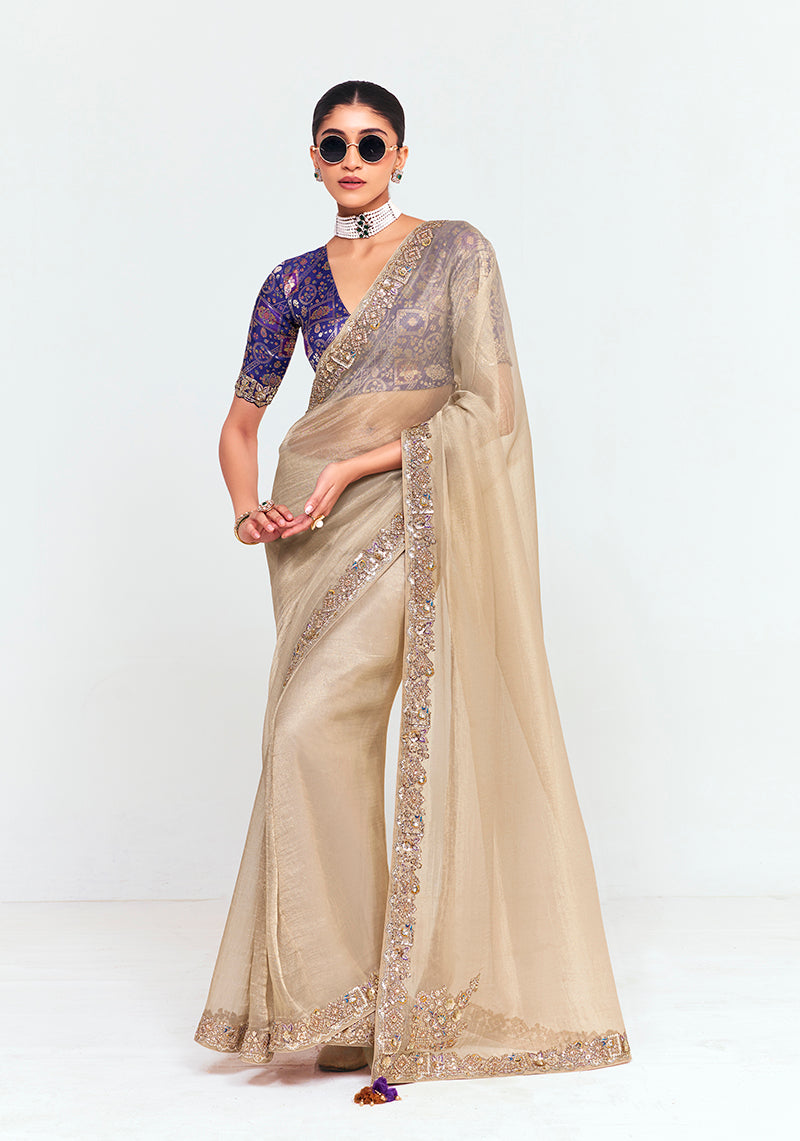 Monjolika Fashion Fancy Fabric Embroidered Beige Saree - Distacart