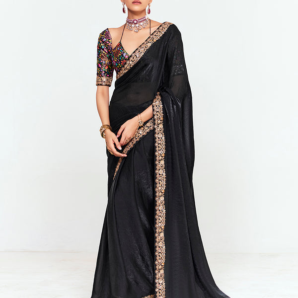 Monjolika Fashion Fancy Fabric Embroidered Black Saree - Distacart