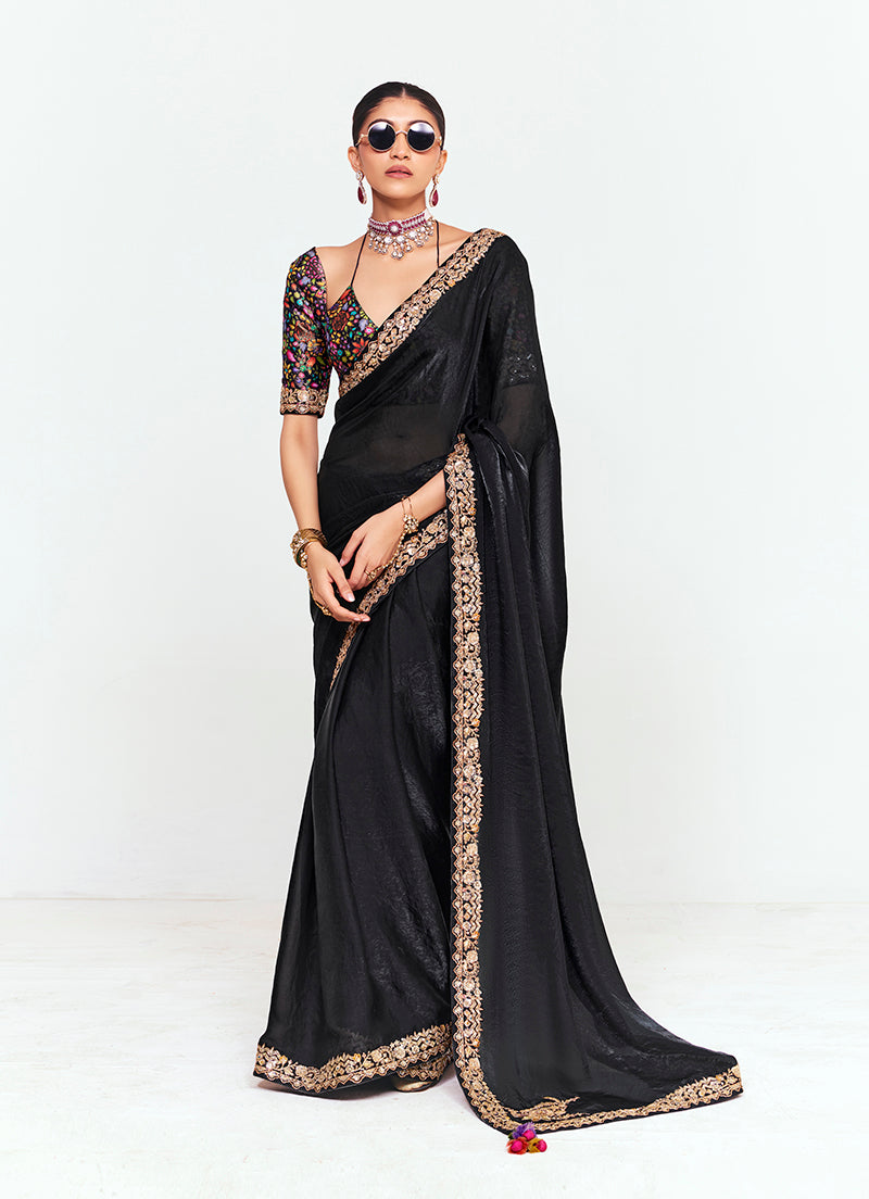 Monjolika Fashion Fancy Fabric Embroidered Black Saree - Distacart