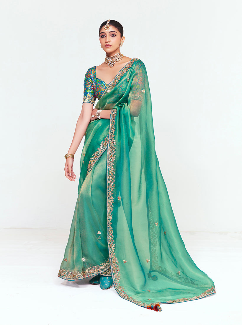 Monjolika Fashion Fancy Fabric Embroidered Sea Green Saree - Distacart