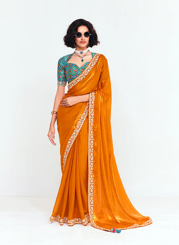 Monjolika Fashion Fancy Fabric Embroidered Orange Saree - Distacart