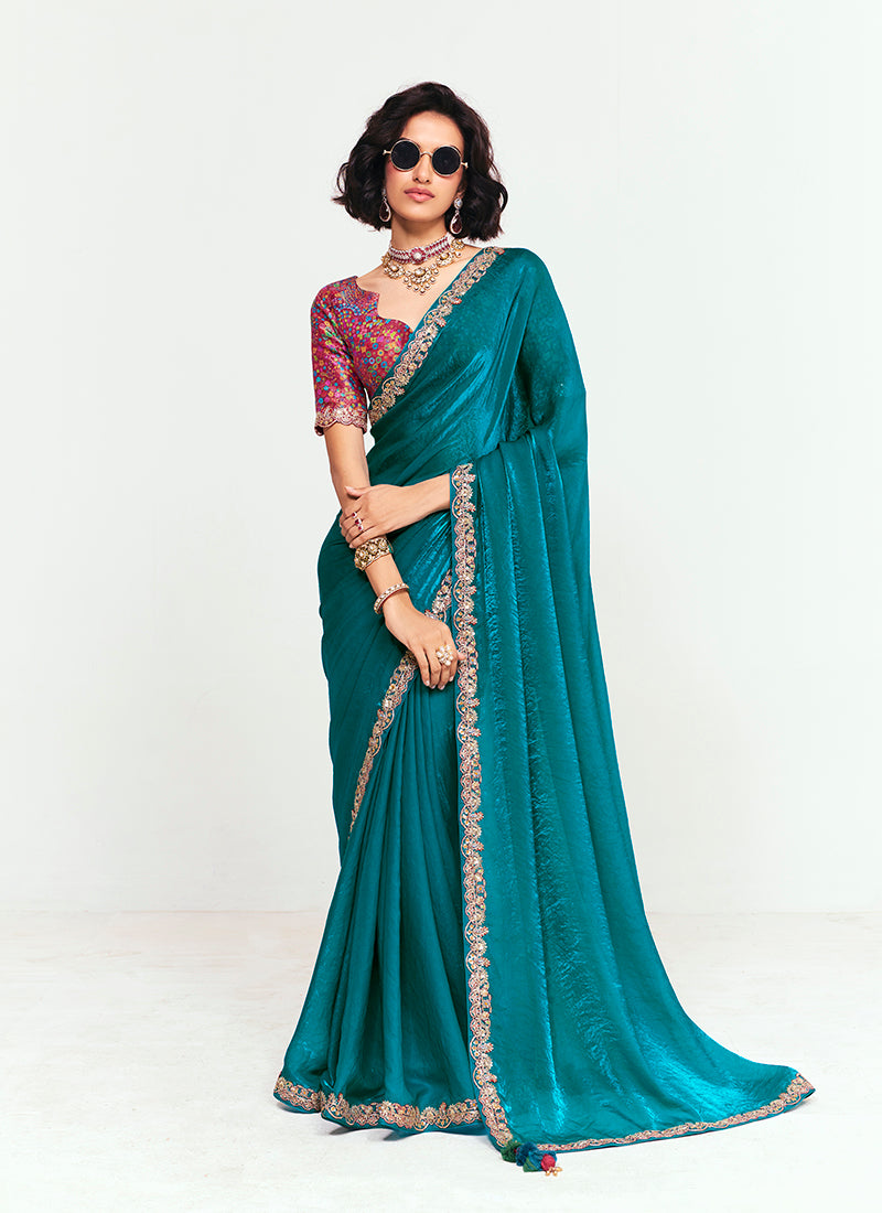 Monjolika Fashion Fancy Fabric Embroidered Teal Saree - Distacart