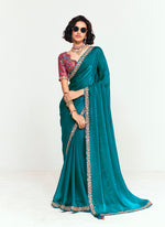 Thumbnail for Monjolika Fashion Fancy Fabric Embroidered Teal Saree - Distacart
