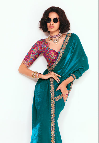 Monjolika Fashion Fancy Fabric Embroidered Teal Saree - Distacart