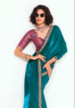 Thumbnail for Monjolika Fashion Fancy Fabric Embroidered Teal Saree - Distacart