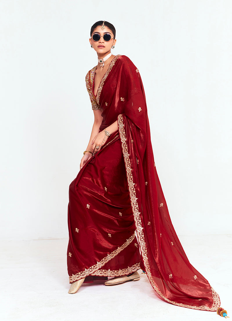 Monjolika Fashion Fancy Fabric Embroidered Maroon Saree - Distacart